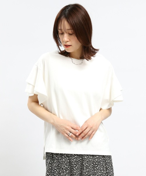 GLOBAL WORK Smile Seed Store（グローバルワーク スマイルシードストア）の「コットン袖2段フレアTシャツ/984094（Tシャツ/カットソー・レディース・サックスブルー/ライトベージュ/ブラック/ホワイト×ブラック/オフホワイト・X-LARGE/SMALL/MEDIUM/LARGE）」の10枚目の写真