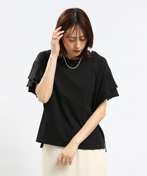 GLOBAL WORK Smile Seed Store（グローバルワーク スマイルシードストア）の「コットン袖2段フレアTシャツ/984094（Tシャツ/カットソー・レディース・サックスブルー/ライトベージュ/ブラック/ホワイト×ブラック/オフホワイト・X-LARGE/SMALL/MEDIUM/LARGE）」の16枚目の写真