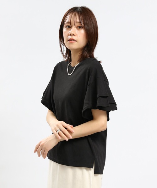 GLOBAL WORK Smile Seed Store（グローバルワーク スマイルシードストア）の「コットン袖2段フレアTシャツ/984094（Tシャツ/カットソー・レディース・サックスブルー/ライトベージュ/ブラック/ホワイト×ブラック/オフホワイト・X-LARGE/SMALL/MEDIUM/LARGE）」の17枚目の写真
