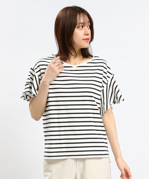 GLOBAL WORK Smile Seed Store（グローバルワーク スマイルシードストア）の「コットン袖2段フレアTシャツ/984094（Tシャツ/カットソー・レディース・サックスブルー/ライトベージュ/ブラック/ホワイト×ブラック/オフホワイト・X-LARGE/SMALL/MEDIUM/LARGE）」の22枚目の写真