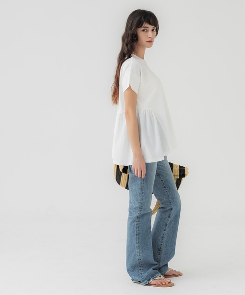 LASUD　ACTIVE　異素材切り替えトップス セール】異素材切り替えギャザーフレアトップス（Tシャツ