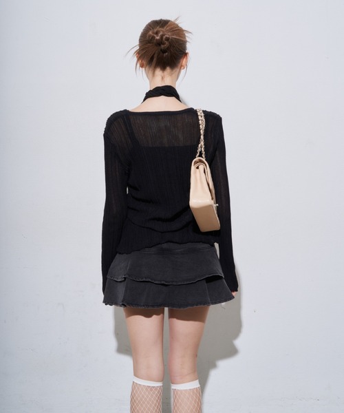 MOCOA'S(モコアズ)の「キーネックメッシュトップス(Tシャツ/カットソー・レディース・ホワイト/ブラック・FREE)」の6枚目の写真