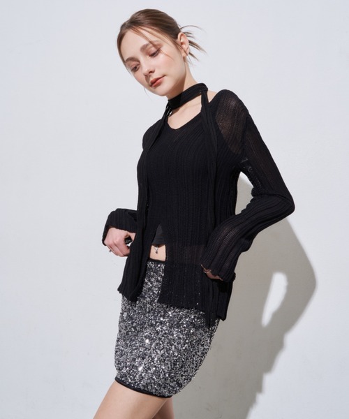 MOCOA'S(モコアズ)の「キーネックメッシュトップス(Tシャツ/カットソー・レディース・ホワイト/ブラック・FREE)」の11枚目の写真