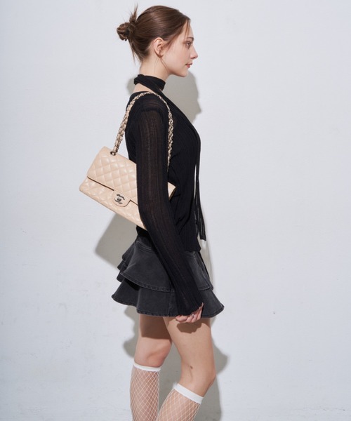 MOCOA'S(モコアズ)の「キーネックメッシュトップス(Tシャツ/カットソー・レディース・ホワイト/ブラック・FREE)」の5枚目の写真