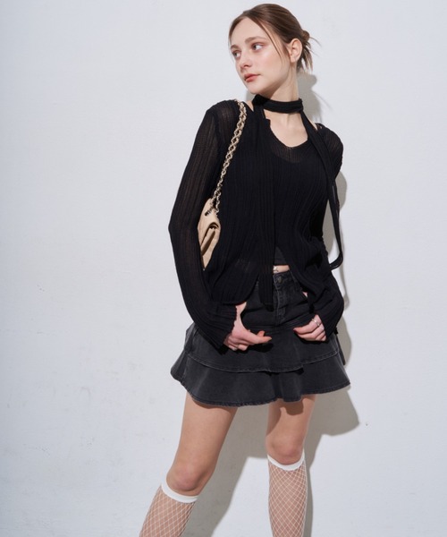 MOCOA'S(モコアズ)の「キーネックメッシュトップス(Tシャツ/カットソー・レディース・ホワイト/ブラック・FREE)」の7枚目の写真