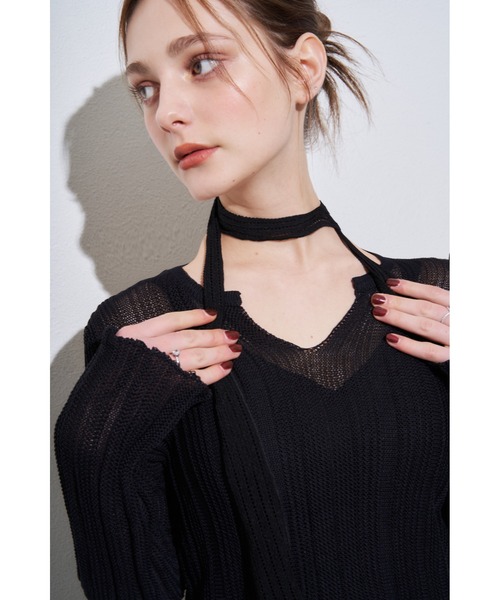 MOCOA'S(モコアズ)の「キーネックメッシュトップス(Tシャツ/カットソー・レディース・ホワイト/ブラック・FREE)」の3枚目の写真