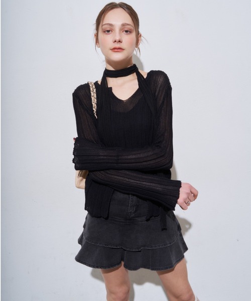 MOCOA'S(モコアズ)の「キーネックメッシュトップス(Tシャツ/カットソー・レディース・ホワイト/ブラック・FREE)」の9枚目の写真