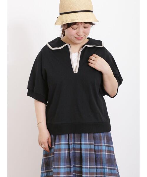 Samansa Mos2(サマンサ モスモス)の「配色パイピングハーフジップカットソー(Tシャツ/カットソー・レディース・キナリ/ブラック/ブルー・F)」の7枚目の写真