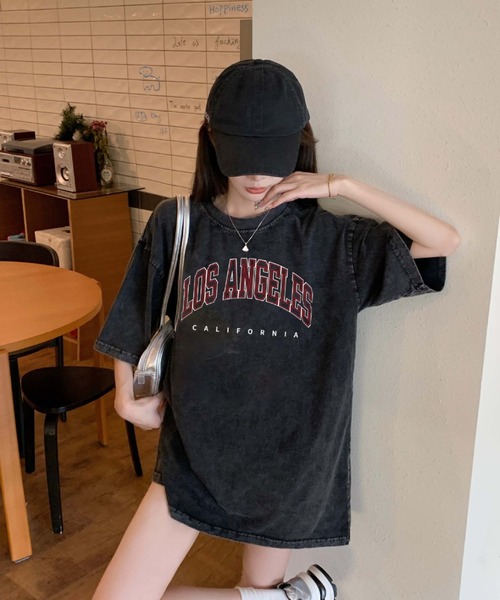 DEVICE(デバイス)の「フロント ロゴ プリント ピグメント 韓国 ストリート y2k 古着風 ビッグシルエット 半袖 Tシャツ(Tシャツ/カットソー・レディース・ダークグレー・FREE)」の3枚目の写真