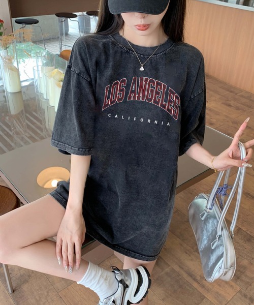 DEVICE(デバイス)の「フロント ロゴ プリント ピグメント 韓国 ストリート y2k 古着風 ビッグシルエット 半袖 Tシャツ(Tシャツ/カットソー・レディース・ダークグレー・FREE)」の4枚目の写真