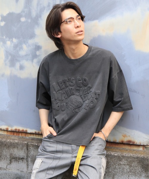 DOUBLE NAME（ダブルネーム）の「ピグメント加工エンボスロゴTEE/ユニセックス（Tシャツ/カットソー・レディース・ベージュ/スミクロ/グリーン・FREE）」の15枚目の写真