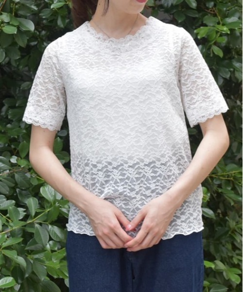 axes femme（アクシーズファム）の「総レース半袖インナー（Tシャツ/カットソー・レディース・ラベンダー/ホワイト/ブラック・FREE）」の2枚目の写真