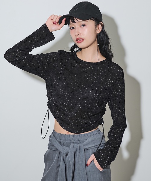 VIOLETTA（ヴィオレッタ）の「ストーン付きベロアロングTシャツ（Tシャツ/カットソー・レディース・グレー/ブラック・FREE）」の3枚目の写真