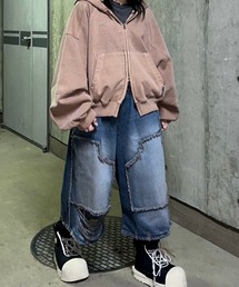 ストリートファッション XU エックスユー damage half denim pants ダメージハーフデニムパンツ ダメージジーンズ ダメージパンツ ダブルニー フリンジパンツ ジーパン 韓国ファッション 韓国ストリート