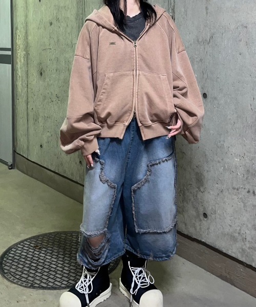 XU(エックスユー)の「ストリートファッション XU エックスユー damage half denim pants ダメージハーフデニムパンツ ダメージジーンズ ダメージパンツ ダブルニー フリンジパンツ ジーパン 韓国ファッション 韓国ストリート(デニムパンツ・メンズ・ブルー・ONE SIZE)」の5枚目の写真
