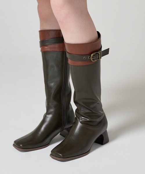 TINA：JOJUN（ティーナジョジュン）の「バイカラー スクエアトゥロングブーツ TINA：JOJUN（ブーツ・レディース・カーキ/シルバー・S/M/L）」の4枚目の写真