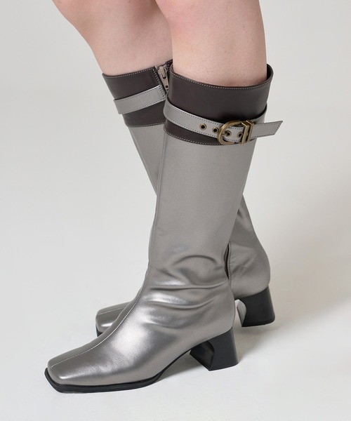 TINA：JOJUN（ティーナジョジュン）の「バイカラー スクエアトゥロングブーツ TINA：JOJUN（ブーツ・レディース・カーキ/シルバー・S/M/L）」の8枚目の写真