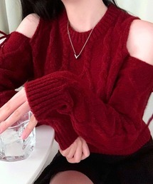 オープンショルダーリボンケーブルニット