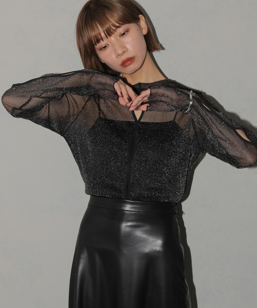 cheriella（シェリエラ）の「【cheriella】新色追加　ウェーブホール　ソフトラメシアートップス（Tシャツ/カットソー・レディース・ブラック/ブルーグリーン/チャコール/アイボリー・M）」の6枚目の写真