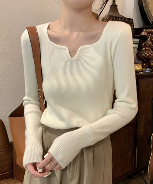 Girly Doll(ガーリードール)の「キーネック長袖リブニット(ニット/セーター・レディース・カーキ/ブラウン/ベージュ/ブラック/キャメル/ホワイト・FREE)」の4枚目の写真