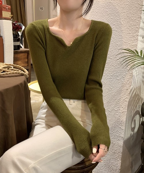 Girly Doll(ガーリードール)の「キーネック長袖リブニット(ニット/セーター・レディース・カーキ/ブラウン/ベージュ/ブラック/キャメル/ホワイト・FREE)」の19枚目の写真