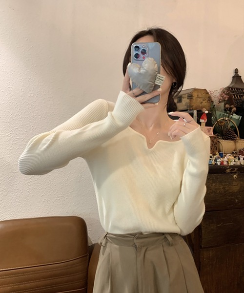 Girly Doll(ガーリードール)の「キーネック長袖リブニット(ニット/セーター・レディース・カーキ/ブラウン/ベージュ/ブラック/キャメル/ホワイト・FREE)」の8枚目の写真