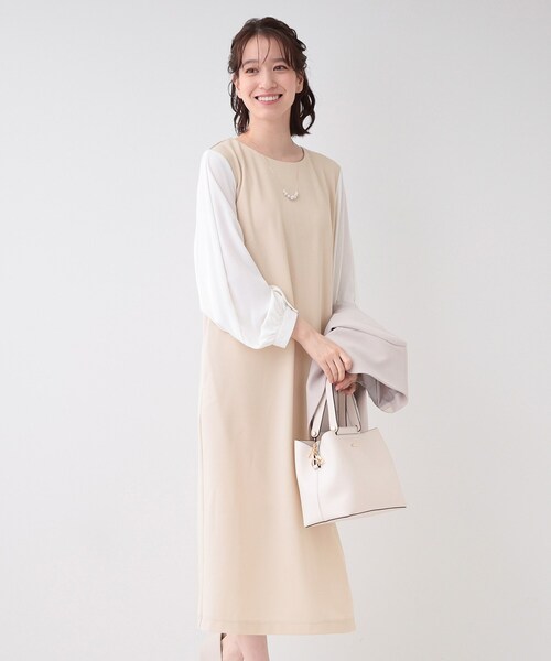 S-3L/お袖デザイン2WAY】異素材ドッキングワンピース（ワンピース