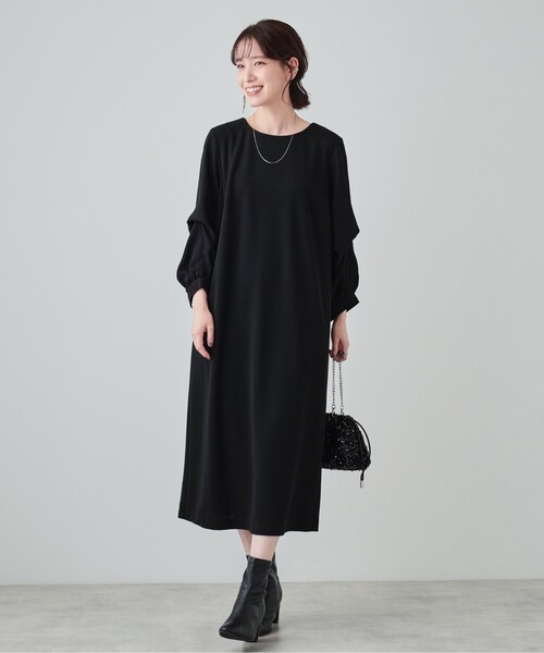 新品未使用 23区 ドッキングワンピース サイズ48 黒 大きいサイズ 4XL S-3L/お袖デザイン2WAY】異素材ドッキングワンピース（ワンピース