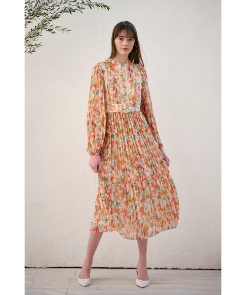 【極美品】Estella.K プリーツプリントドレス　ワンピース　花柄　フリー セール】Jane Belted Dress プリーツプリントドレス（ワンピース