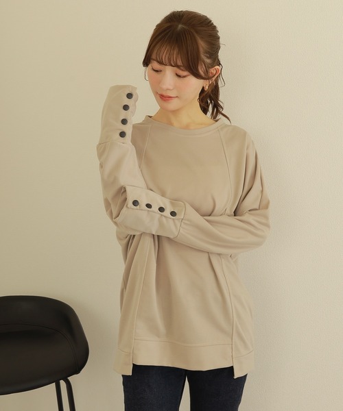LAULEN(ローレン)の「button oversize long pullover /袖ボタン オーバーサイズ ロング プルオーバー(Tシャツ/カットソー・レディース・ベージュ/ホワイト/ブラック・FREE)」の1枚目の写真