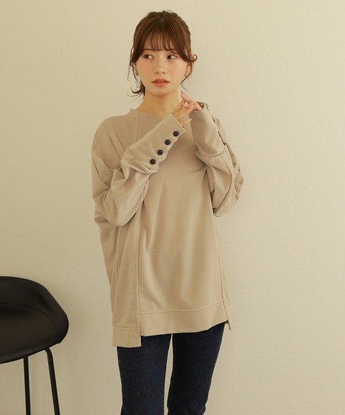 LAULEN(ローレン)の「button oversize long pullover /袖ボタン オーバーサイズ ロング プルオーバー(Tシャツ/カットソー・レディース・ベージュ/ホワイト/ブラック・FREE)」の9枚目の写真