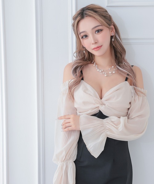 myMinette(マイミネット)の「キャバドレス ミニ タイト 長袖 シフォン胸元リボン肩あきドレス ワンピース キャバワンピ(ドレス・レディース・ベージュ×ブラック・L/M/S/XL)」の3枚目の写真