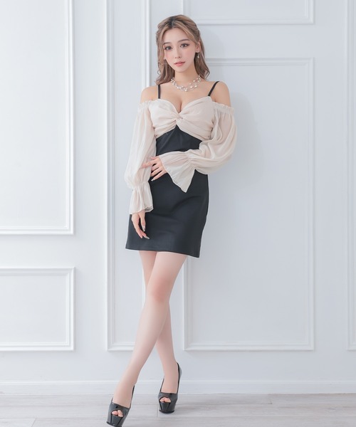 myMinette(マイミネット)の「キャバドレス ミニ タイト 長袖 シフォン胸元リボン肩あきドレス ワンピース キャバワンピ(ドレス・レディース・ベージュ×ブラック・L/M/S/XL)」の4枚目の写真