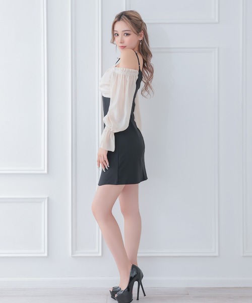 myMinette(マイミネット)の「キャバドレス ミニ タイト 長袖 シフォン胸元リボン肩あきドレス ワンピース キャバワンピ(ドレス・レディース・ベージュ×ブラック・L/M/S/XL)」の5枚目の写真