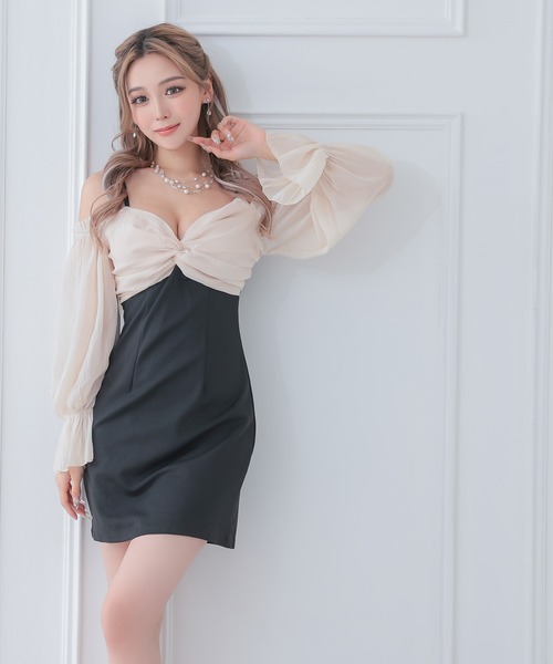 myMinette(マイミネット)の「キャバドレス ミニ タイト 長袖 シフォン胸元リボン肩あきドレス ワンピース キャバワンピ(ドレス・レディース・ベージュ×ブラック・L/M/S/XL)」の7枚目の写真