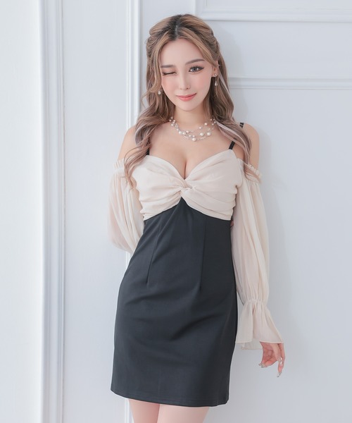 myMinette(マイミネット)の「キャバドレス ミニ タイト 長袖 シフォン胸元リボン肩あきドレス ワンピース キャバワンピ(ドレス・レディース・ベージュ×ブラック・L/M/S/XL)」の10枚目の写真