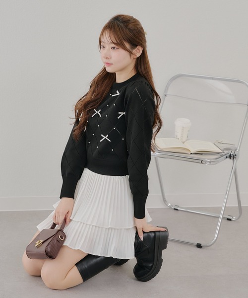 continuer de NICE CLAUP（コンティニューデナイスクラップ）の「【春の新作】パールリボンニット（ニット/セーター・レディース・アイボリー/ブルー/ブラック・FREE）」の16枚目の写真