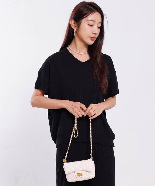 Forcement(フォースメント)の「半袖リブニットセットアップ(セットアップ・レディース・ベージュ/ブラック・ONESIZE)」の9枚目の写真