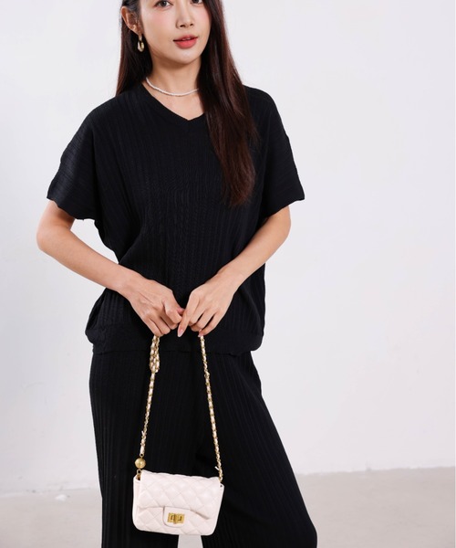 Forcement(フォースメント)の「半袖リブニットセットアップ(セットアップ・レディース・ベージュ/ブラック・ONESIZE)」の6枚目の写真