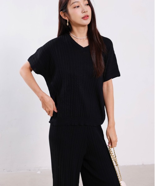 Forcement(フォースメント)の「半袖リブニットセットアップ(セットアップ・レディース・ベージュ/ブラック・ONESIZE)」の7枚目の写真