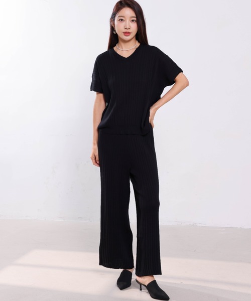 Forcement(フォースメント)の「半袖リブニットセットアップ(セットアップ・レディース・ベージュ/ブラック・ONESIZE)」の12枚目の写真