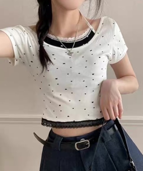 AsRiRe(アスリレイ)の「レイヤード風ハート柄クロップトップ(Tシャツ/カットソー・レディース・グレー/ブラック/ホワイト・M)」の2枚目の写真