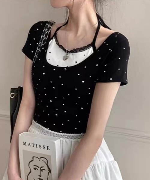 AsRiRe(アスリレイ)の「レイヤード風ハート柄クロップトップ(Tシャツ/カットソー・レディース・グレー/ブラック/ホワイト・M)」の3枚目の写真