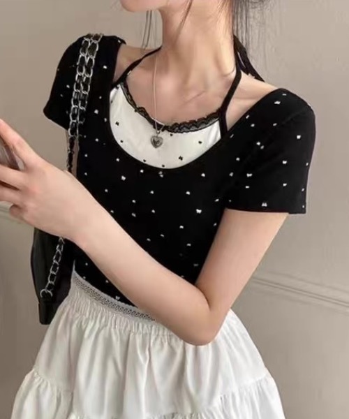 AsRiRe(アスリレイ)の「レイヤード風ハート柄クロップトップ(Tシャツ/カットソー・レディース・グレー/ブラック/ホワイト・M)」の6枚目の写真