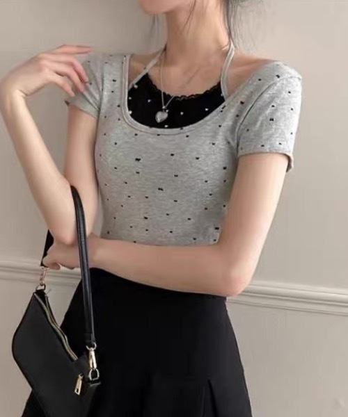 AsRiRe(アスリレイ)の「レイヤード風ハート柄クロップトップ(Tシャツ/カットソー・レディース・グレー/ブラック/ホワイト・M)」の8枚目の写真