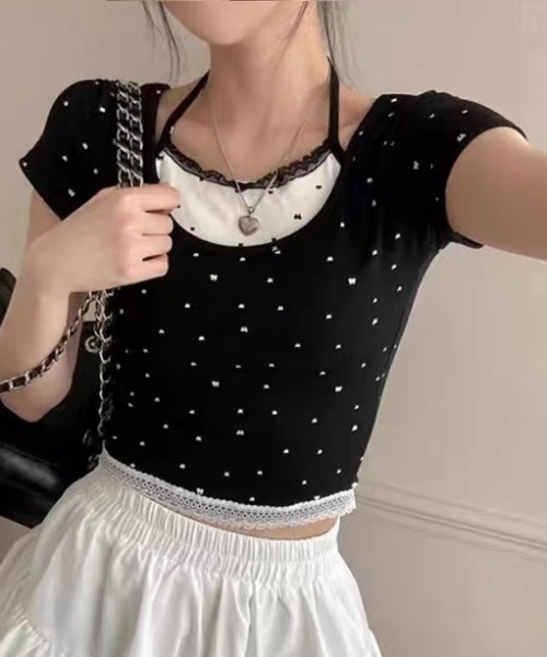 AsRiRe(アスリレイ)の「レイヤード風ハート柄クロップトップ(Tシャツ/カットソー・レディース・グレー/ブラック/ホワイト・M)」の9枚目の写真
