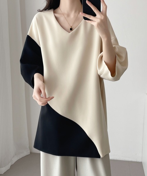 ABITOKYO（アビトーキョー）の「バイカラーバルーン袖ブラウス（シャツ/ブラウス・レディース・ベージュ/ブラック・M/L/XL）」の2枚目の写真