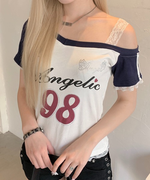 lilful(リルフル)の「ラインストーンデザイン ワンショルダーレース クロップドナンバリングトップス(Tシャツ/カットソー・レディース・ホワイト/ネイビー・M/L)」の20枚目の写真