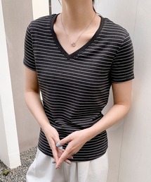 Vネック細ボーダーTシャツ (SS)