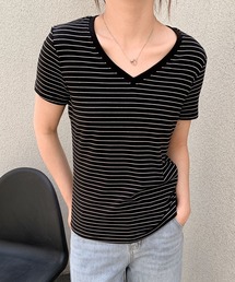 Vネック細ボーダーTシャツ (SS)